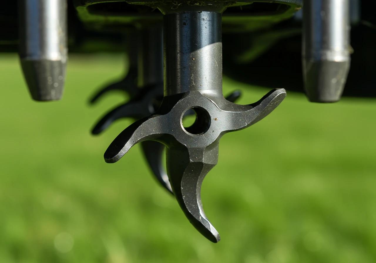 A detailed close-up image focusing specifically on the hollow tines of a core aerator machine. The tines should be clean or have minimal soil residue to clearly show their hollow, cylindrical structure. The background should be slightly blurred grass, keeping the focus entirely on the crucial part of the tool that performs core aeration.