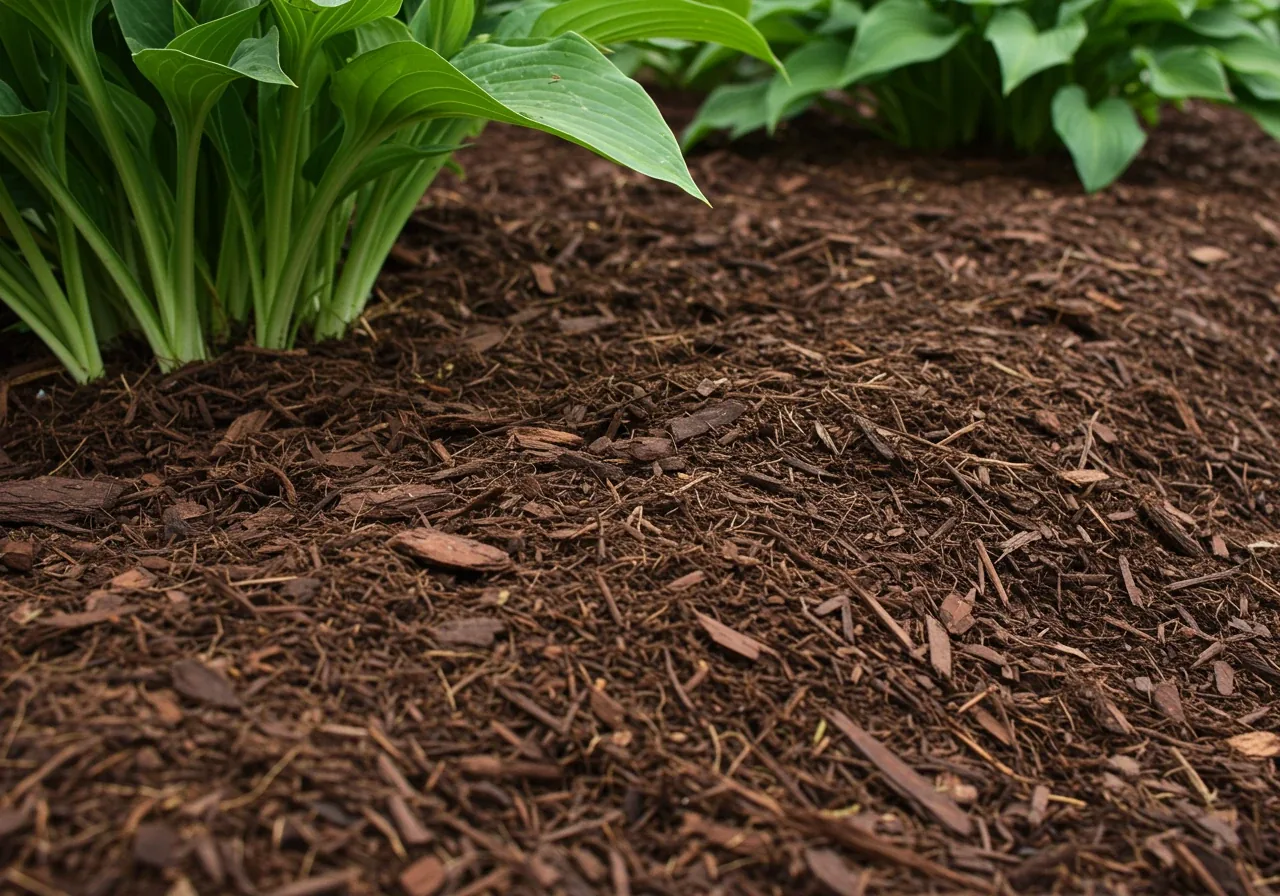 A detailed close-up photograph of a garden bed covered with a fresh, even layer of dark brown shredded bark mulch. Healthy plant stems (e.g., hostas or perennials) emerge cleanly from the mulch, which clearly covers the soil surface, visually demonstrating weed suppression and moisture retention.