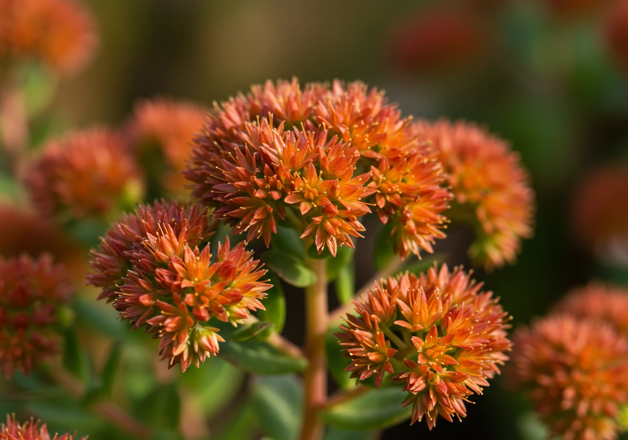 A vibrant, detailed close-up photograph showcasing a mature Sedum 'Autumn Joy' plant in its full fall glory. The image focuses on the large, broccoli-like flower heads turned to a deep rusty-red colour, contrasted against the still partly-green succulent foliage. The background is softly blurred garden greenery. This highlights one of the key recommended deer-resistant plants.