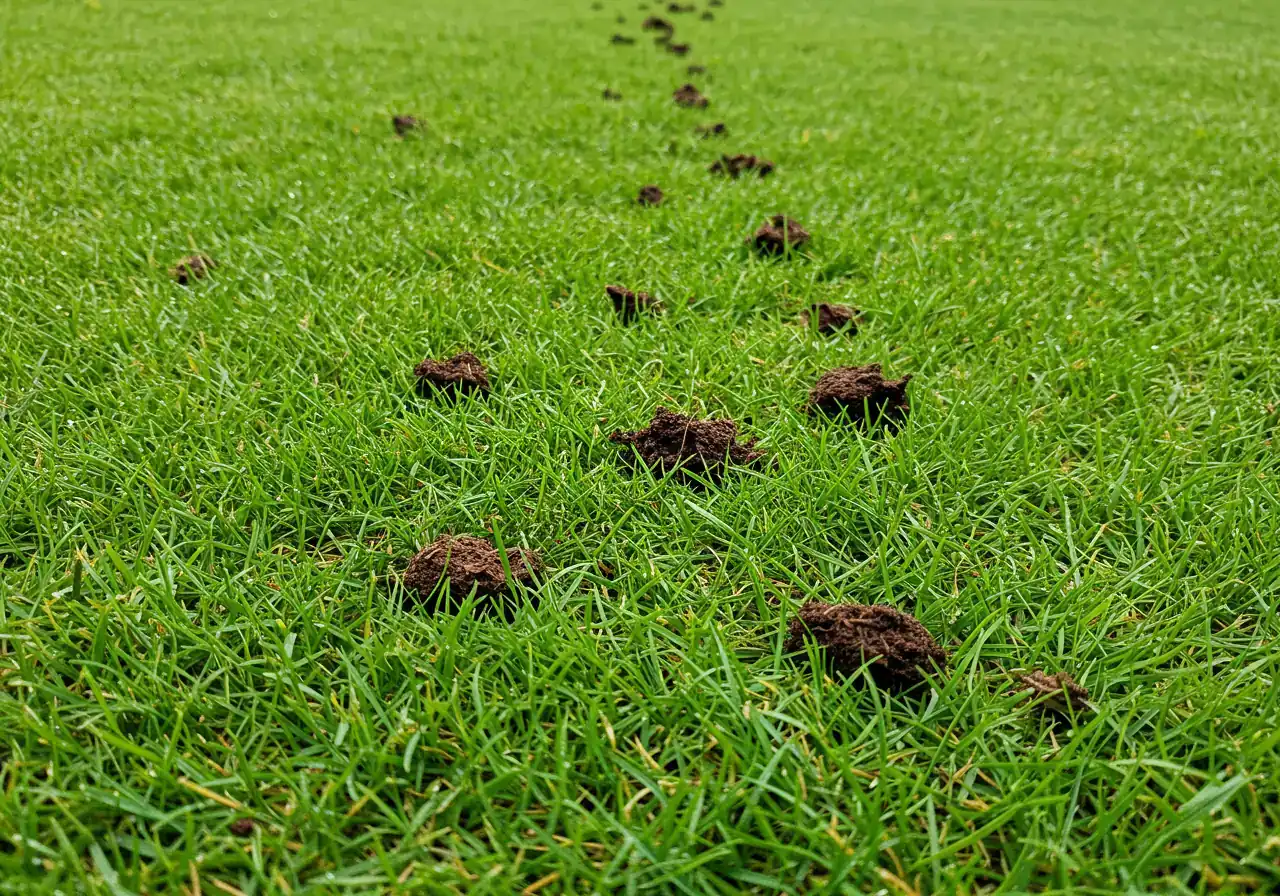 A detailed close-up photograph focusing on a section of healthy green lawn shortly after core aeration. The image should clearly show the numerous small, cylindrical soil plugs scattered across the grass surface and the visible aeration holes penetrating the turf. Morning dew could be present on the grass blades to enhance the healthy look.