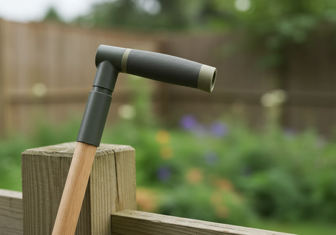 A detailed close-up showing the handle section of an ergonomic garden rake leaning against a rustic wooden fence post. Focus on the features: a slightly curved, lightweight shaft (perhaps fiberglass texture), a padded grip area, and possibly part of the D-shaped handle if applicable. Soft, natural lighting.