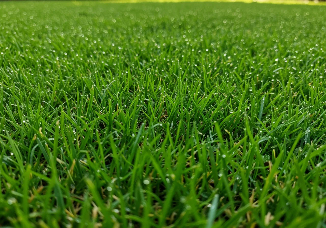 A beautiful, detailed close-up photograph showcasing a patch of perfectly healthy, vibrant green lawn. The grass blades are dense, evenly cut, and have a rich color, possibly with a few lingering dew drops reflecting morning light. This image represents the desired outcome of proper sprinkler maintenance and watering strategies.