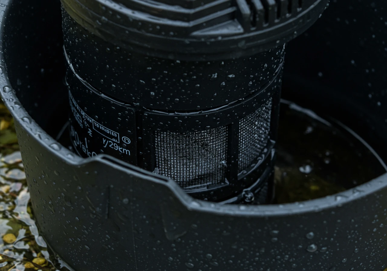 A detailed close-up image focusing on a submersible pond pump resting partially submerged in clean water inside a black protective skimmer box or vault. Show the intake screen area of the pump clearly, free of debris. Water should be visibly flowing around it, suggesting operation within its housing.
