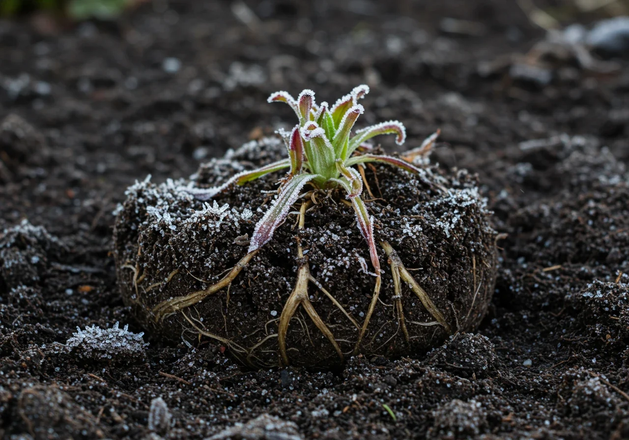 A clear photograph illustrating the concept of frost heave. Show a small perennial plant (like a hosta crown or coral bell) visibly pushed upwards out of the dark garden soil. Small ice crystals could be visible on the soil surface around the exposed roots, emphasizing the freeze-thaw effect.