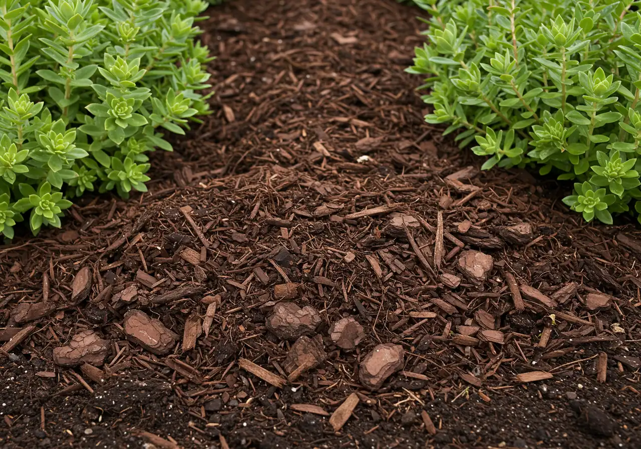A detailed close-up image showing a 2-3 inch layer of dark brown shredded bark mulch applied evenly around the base of several drought-tolerant plants (like sedum or small grasses). Focus should be on the texture and coverage of the mulch, highlighting its role in suppressing weeds and retaining moisture.