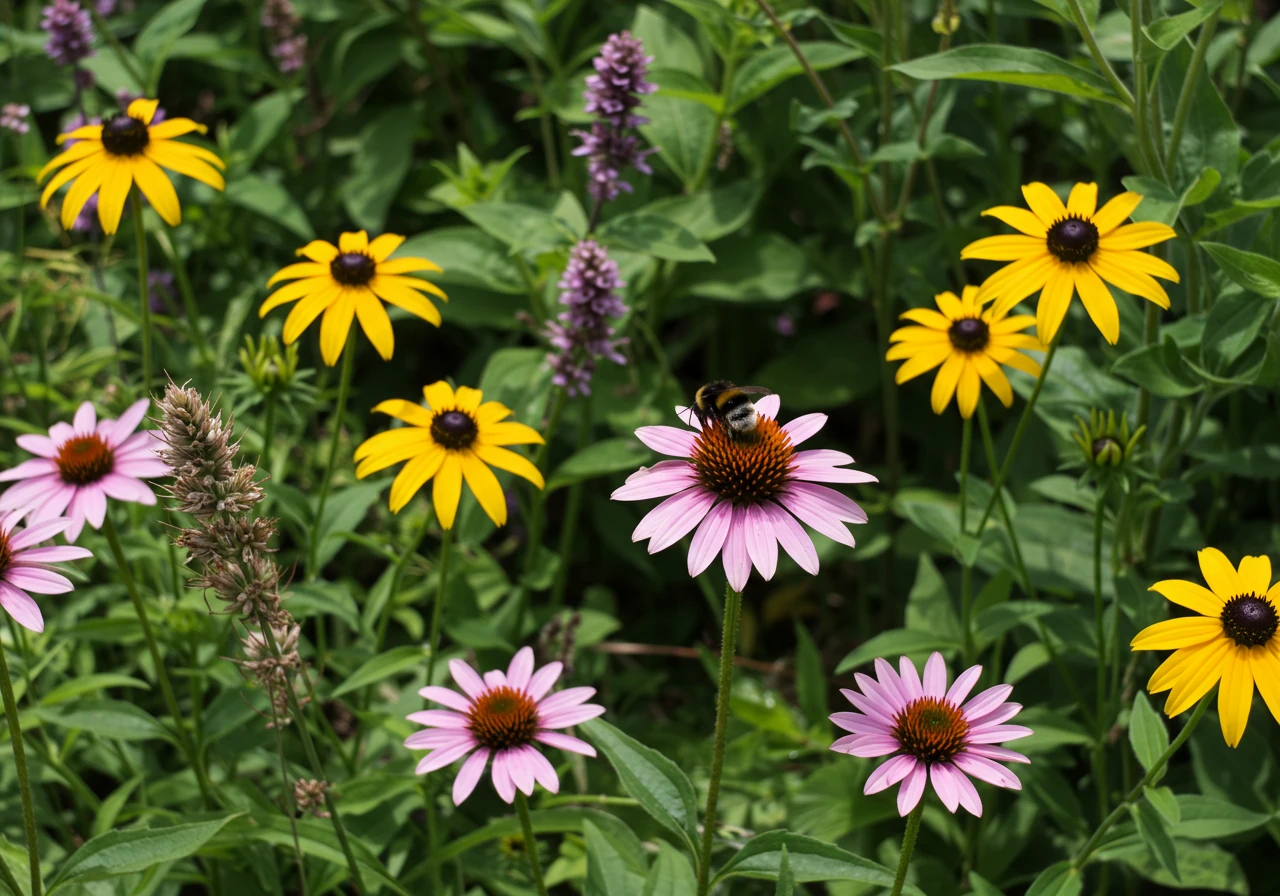 A vibrant, sunlit garden bed filled with colourful native Ontario wildflowers like Purple Coneflowers (Echinacea) and Black-Eyed Susans (Rudbeckia). A bumblebee is visible, actively pollinating one of the flowers, highlighting the benefit to local wildlife.