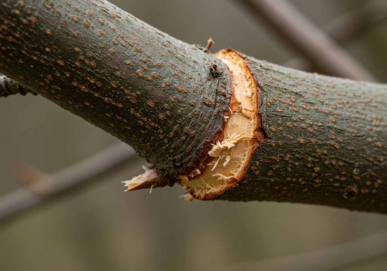 A detailed close-up photograph showing the result of a correct final pruning cut made just outside the branch collar on a tree trunk or larger limb. The cut should look clean and angled slightly, with the swollen branch collar tissue left intact and undamaged, illustrating the proper technique described for the final step of the 3-cut method.