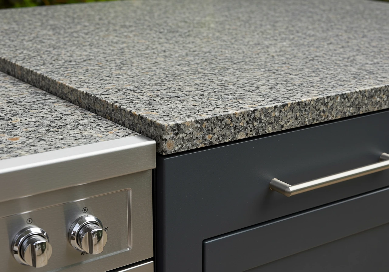 A close-up, detailed photograph focusing on the textures and quality of durable outdoor kitchen materials. It could show a corner where a rugged granite countertop meets weather-resistant HDPE cabinet doors, perhaps with a glimpse of a high-grade (304) stainless steel appliance surface nearby. The focus is on the material resilience.