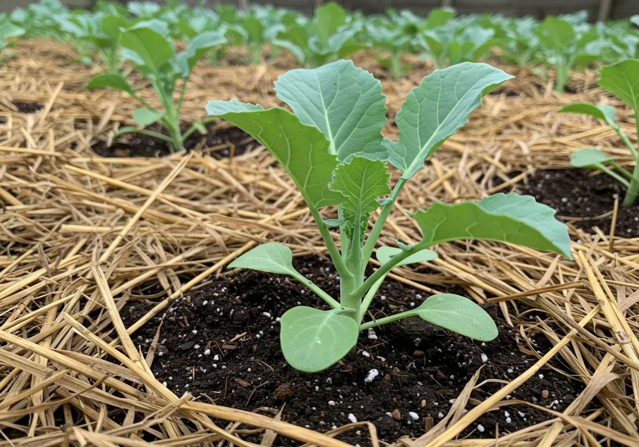 An image illustrating the application of mulch around young vegetable seedlings. Shows small broccoli or lettuce plants recently planted in improved soil, with a neat, thick layer of organic mulch (like shredded bark or straw) carefully spread around their bases, leaving a small gap around the stem.