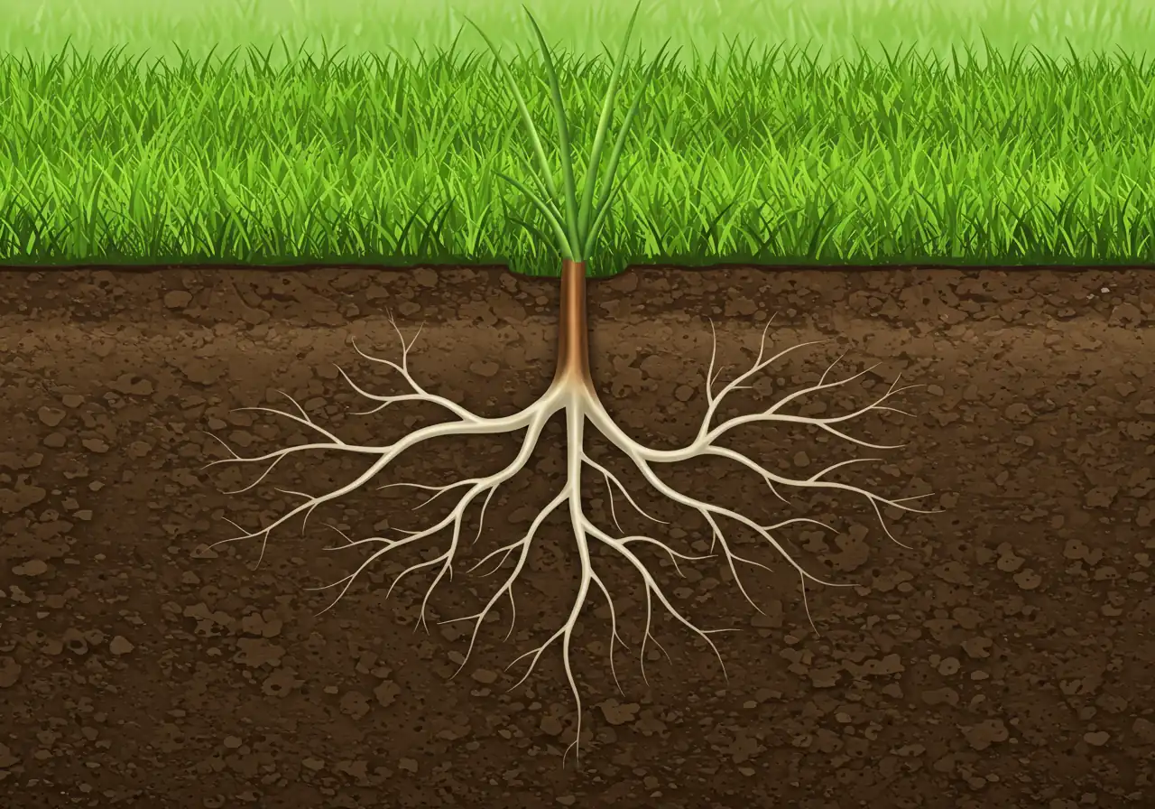 An illustrative image showing a cutaway view of soil beneath healthy grass. It should clearly depict strong, deep grass roots penetrating well into the dark soil layer, visualizing the 'Root Power-Up' benefit of summer fertilization for drought and heat tolerance.