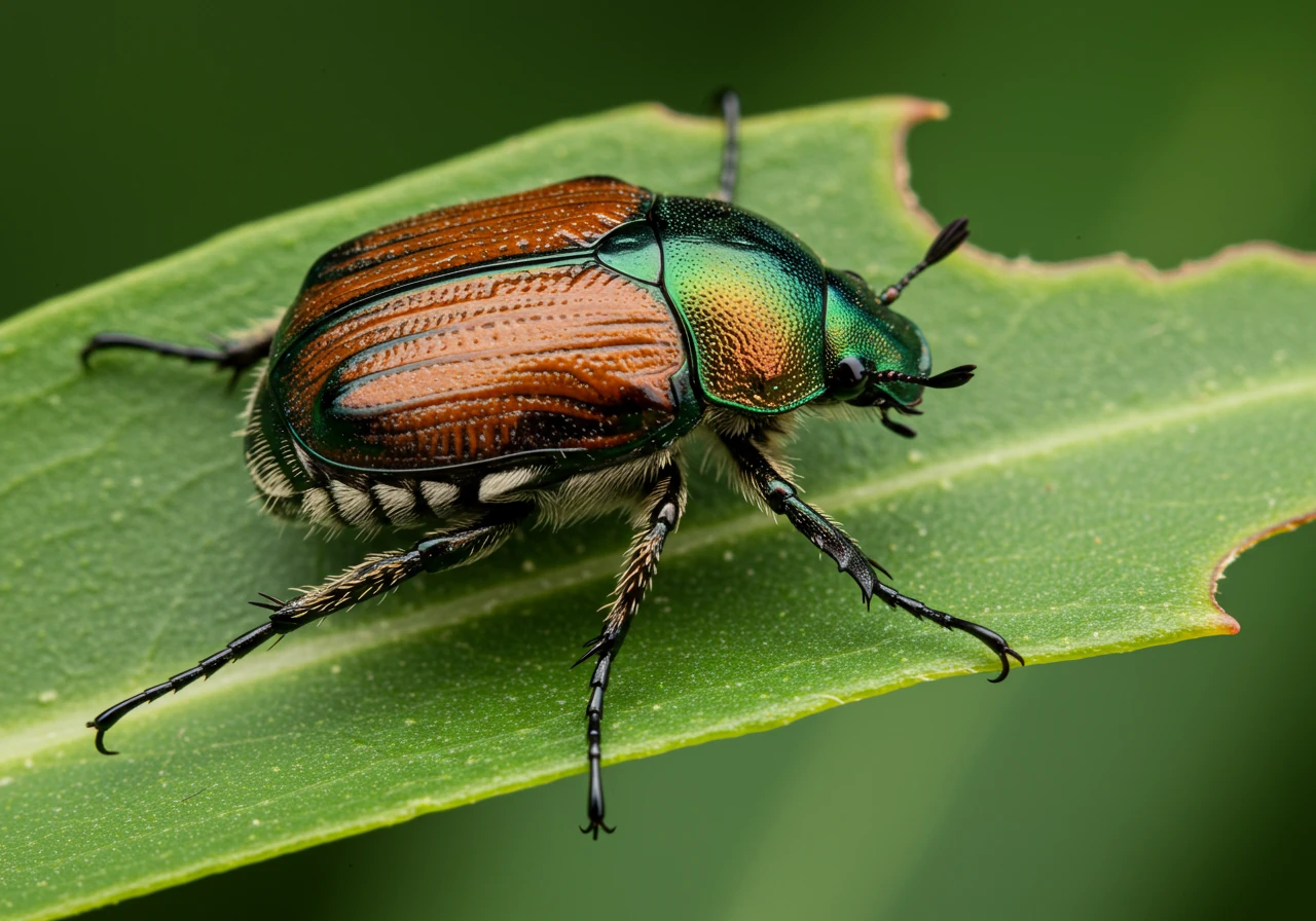 A detailed macro photograph of a metallic green and copper Japanese beetle resting prominently on a green plant leaf (like a rose or bean leaf). The leaf may show some minor feeding damage (skeletonization) near the beetle. The focus is sharp on the beetle, highlighting its distinct colors and texture.