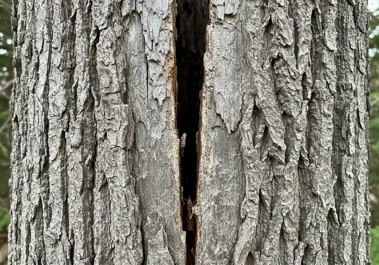 A detailed photograph highlighting a significant, deep vertical crack running up the main trunk of a large tree. The crack should be clearly visible, showing depth and the separation of the wood grain, contrasting with the surrounding healthy bark.