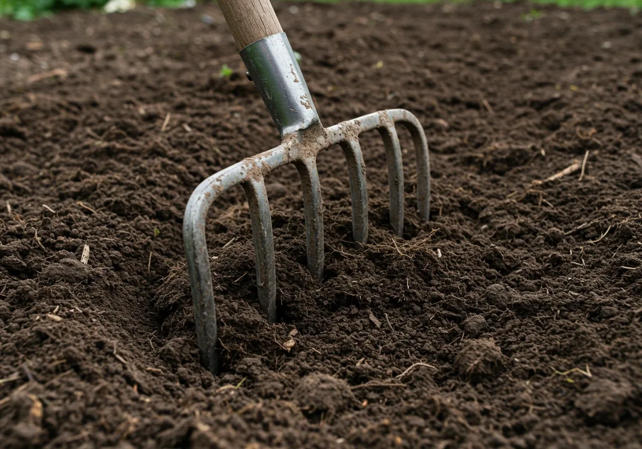 A powerful broadfork with its multiple long tines plunged deep into a section of compacted, dark clay soil in a garden bed. The focus is on the tool engaging with the soil, illustrating its function of deep aeration and loosening, without showing any user.