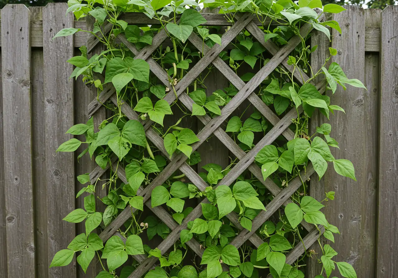 A visually appealing example of vertical gardening. Show a sturdy wooden trellis securely attached to a weathered garden fence, covered with healthy, green climbing bean plants bearing small pods. The image should emphasize growing upwards to save space and reduce bending.