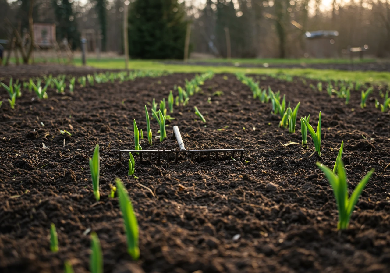 A photograph capturing a freshly tidied garden bed in early spring after winter cleanup. Shows dark, damp soil gently raked clear of dead leaves and debris, with small green shoots of perennials just emerging. Focus is on the clean soil surface and tender new growth, suggesting readiness for the next steps. No tools or humans visible.