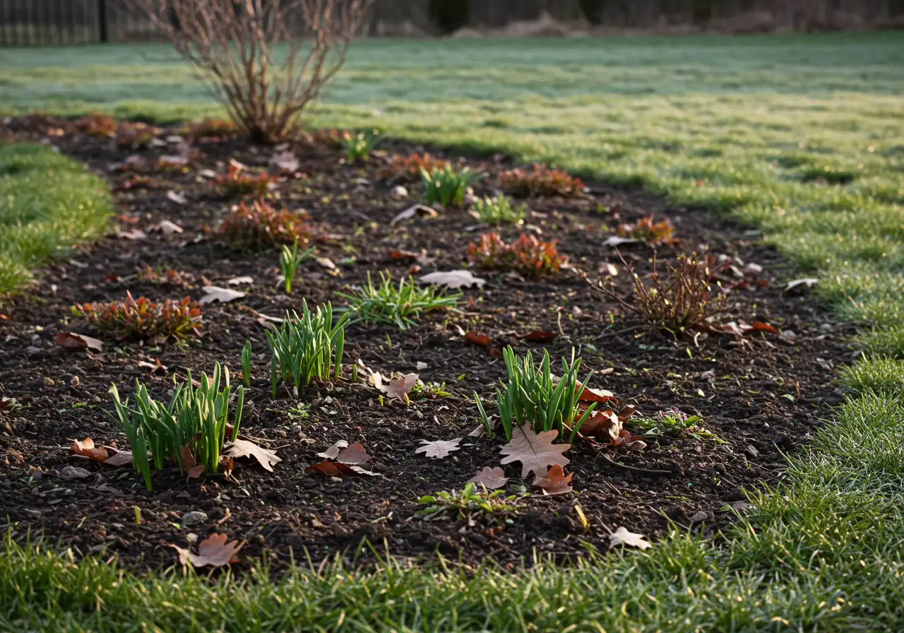 A realistic photo capturing an early spring garden scene in Manotick before cleanup. It should show dormant perennials, scattered leaves, maybe a few early weeds, and patchy grass, hinting at the assessment task without looking overly neglected. Soft, early morning light.