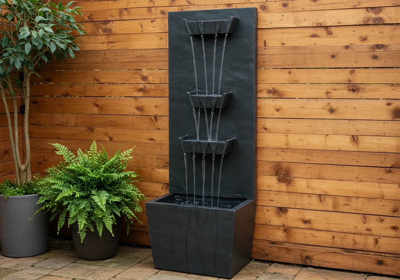 An image showcasing an elegant wall-mounted fountain against a textured surface, like a stone veneer wall or a stained wooden fence panel appropriate for a patio setting. The fountain should have a classic or modern design (e.g., a simple spout or a multi-tiered cascade) made of materials like aged copper or dark resin. Water flows clearly down into a basin. Climbing ivy or potted plants could be placed near the base to enhance the vertical appeal.
