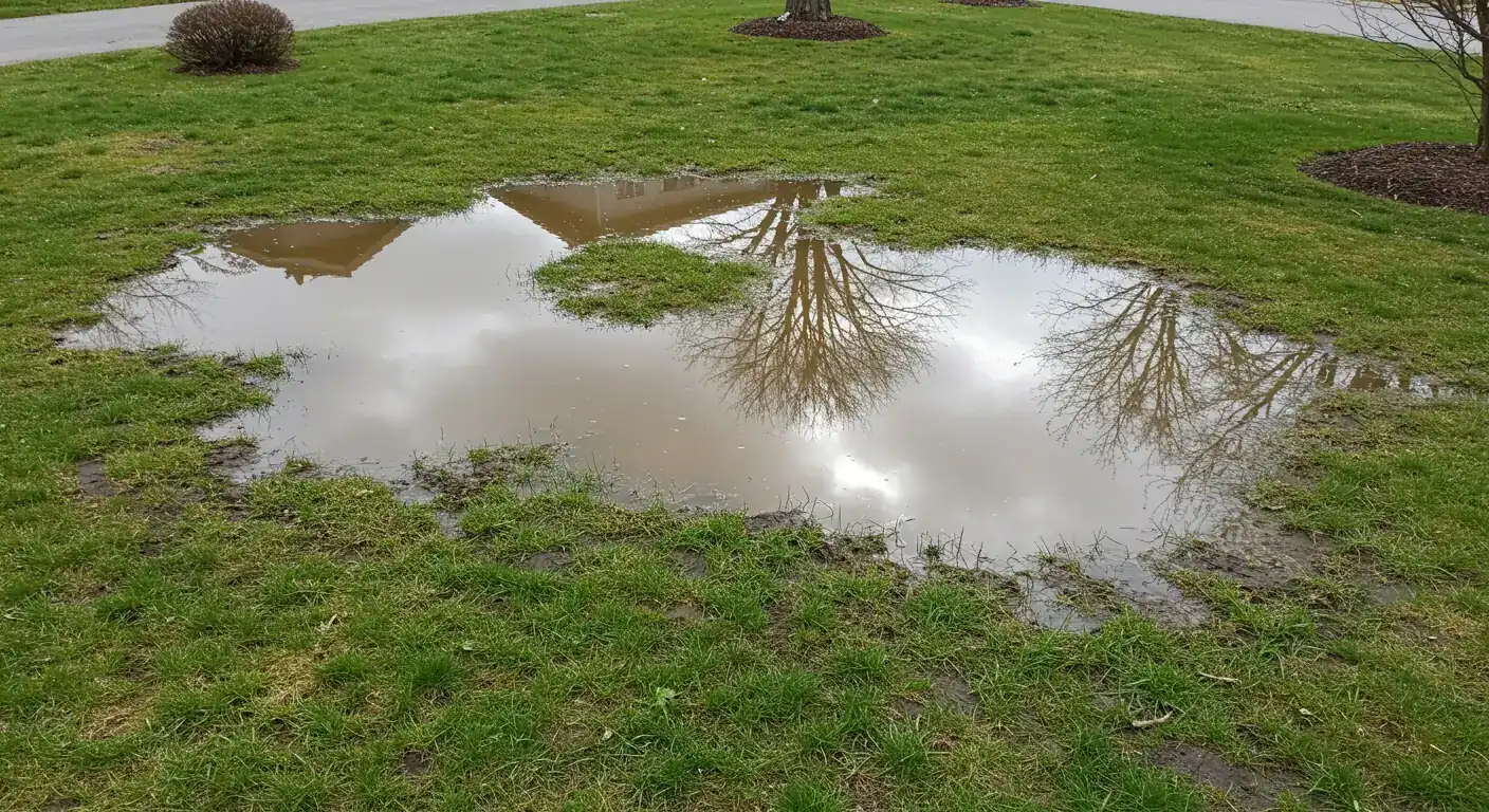 A clear, slightly elevated view of a residential lawn suffering from spring flooding. The image should show significant puddles of standing water on the grass, possibly with patches of mud visible where the grass is thin or damaged. The overall impression should be soggy and waterlogged, illustrating the problem described in the introduction.