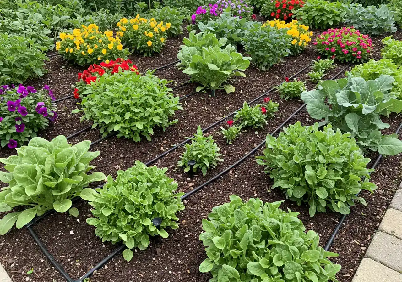 A beautiful, slightly elevated shot of a thriving garden bed filled with vibrant, healthy flowering perennials and leafy vegetables. The dark, rich soil looks evenly moist. Black drip irrigation tubing with visible emitters should be weaving discreetly between the plants, clearly showing the watering system integrated into a flourishing garden.