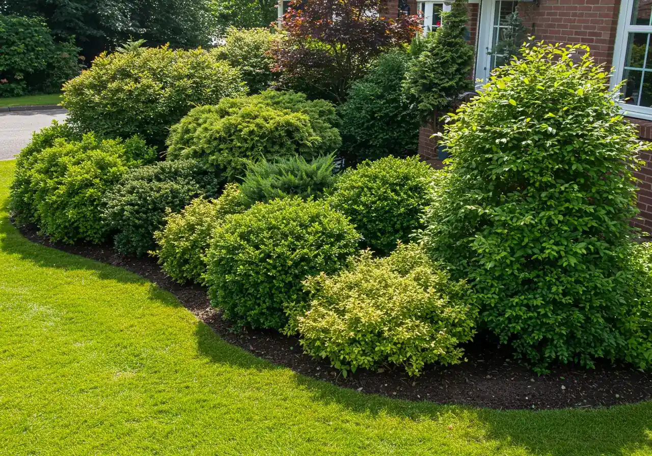An inviting, slightly elevated view of a beautiful residential front garden bed in bright summer sunlight. The image showcases a variety of meticulously shaped evergreen and deciduous shrubs with different forms and textures, creating strong curb appeal. The focus is on the harmonious composition and healthy appearance of the plants within a well-maintained landscape.
