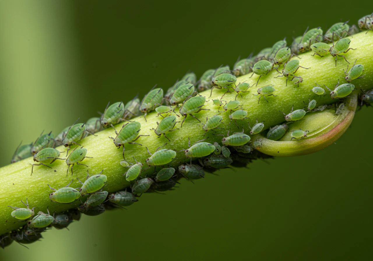 An extreme close-up (macro) photograph focusing on the bright green stem of a new plant shoot (like a rose or milkweed) heavily infested with tiny, pear-shaped green aphids. The detail should be sharp enough to clearly identify the pests. The background is softly blurred to keep the focus entirely on the aphids and the affected plant part.