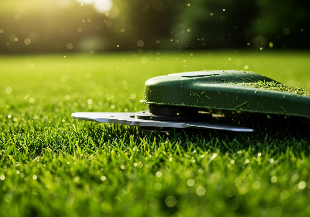 A close up of a sharp, clean, lawnmower blade cutting blades of grass, with an out of focus section of lawn behind it.