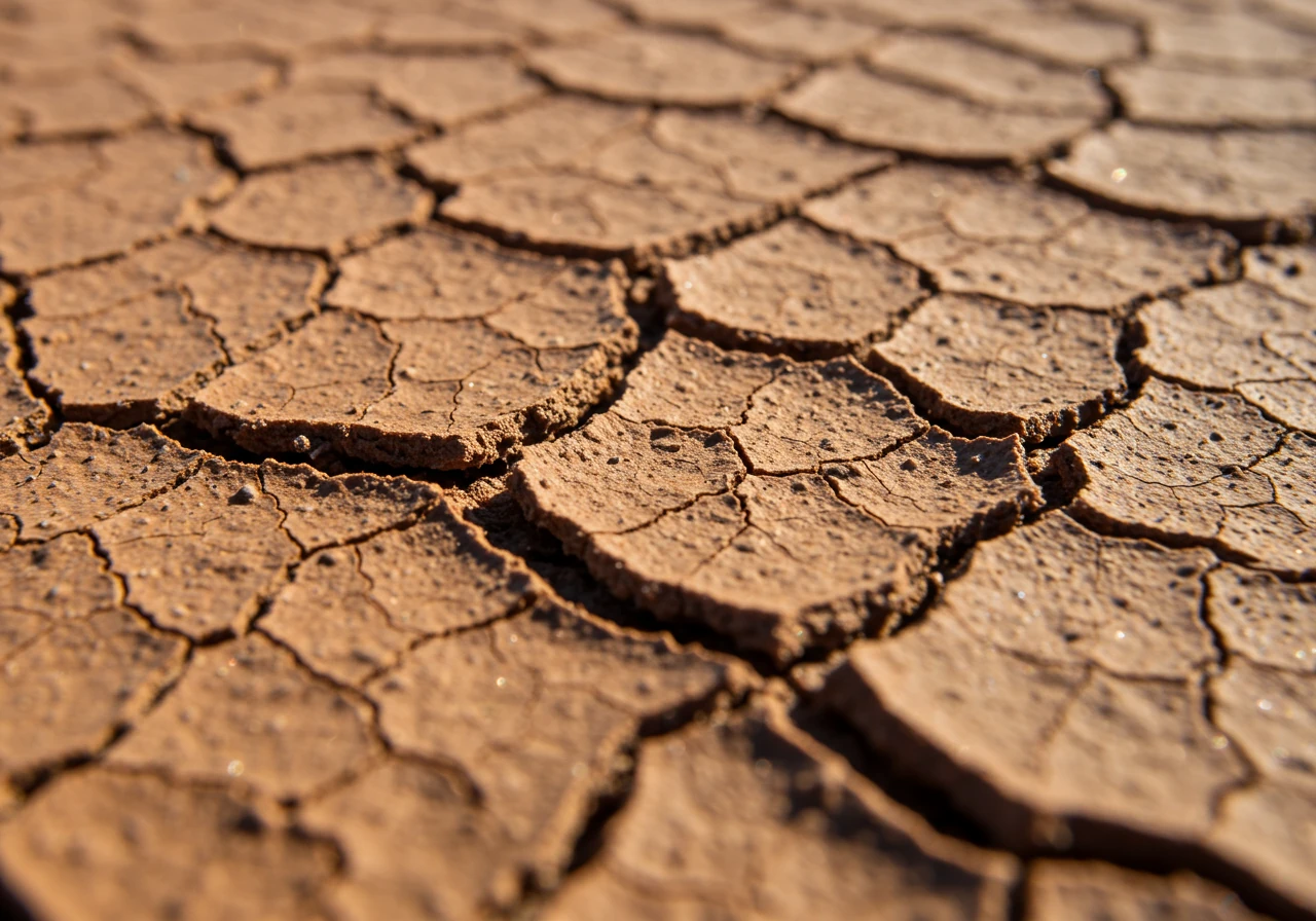 A close-up macro shot of cracked, dry, compacted clay soil. The soil should be a reddish-brown color, with deep fissures and a very dense texture. There are no plants or grass visible, only the bare, parched earth. The lighting is harsh and direct, emphasizing the dryness and texture. The image aims to visually represent the challenges of clay soil.