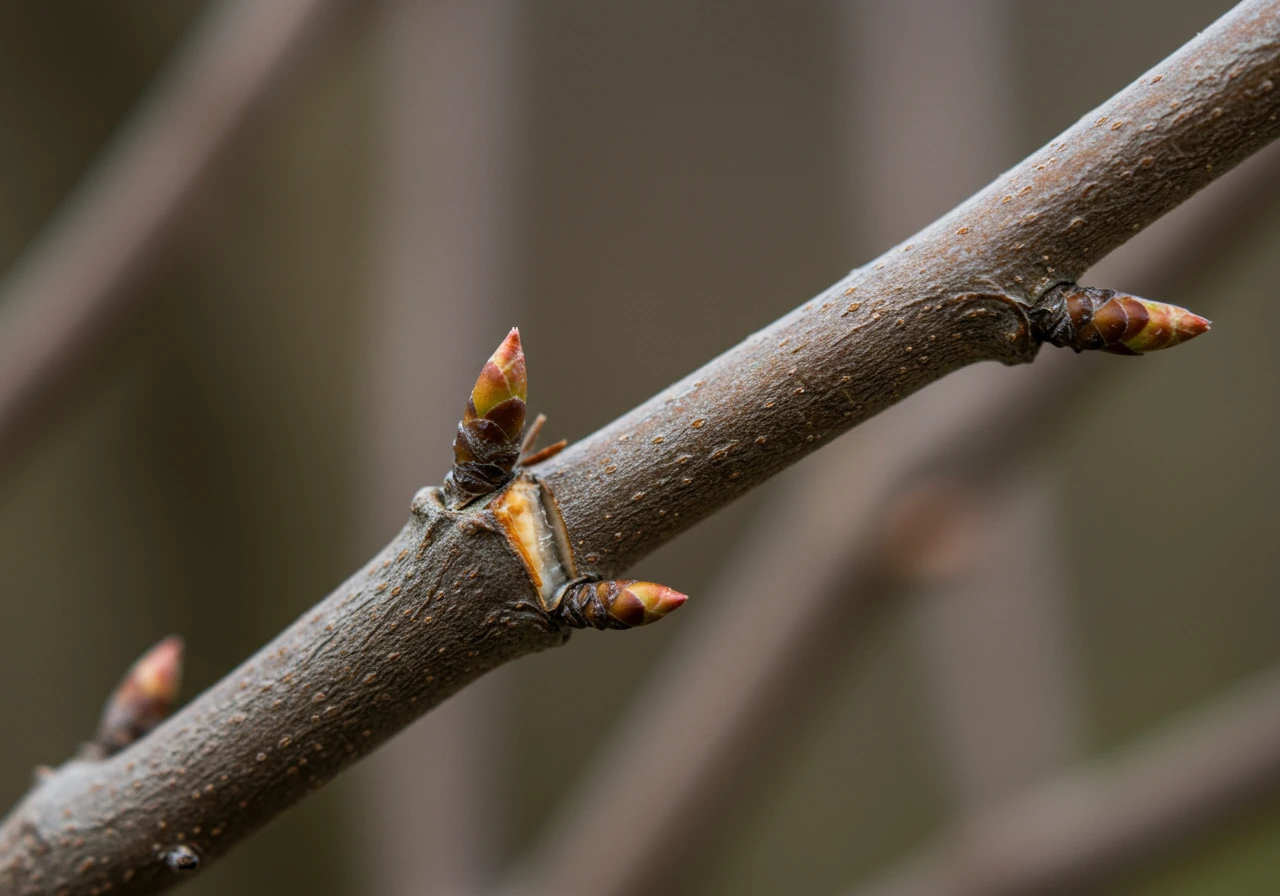 A detailed close-up image of a clean pruning cut made with sharp secateurs (tool not visible, just the clean cut) on a dormant woody shrub branch, angled correctly just above an outward-facing bud. Demonstrates proper pruning technique.