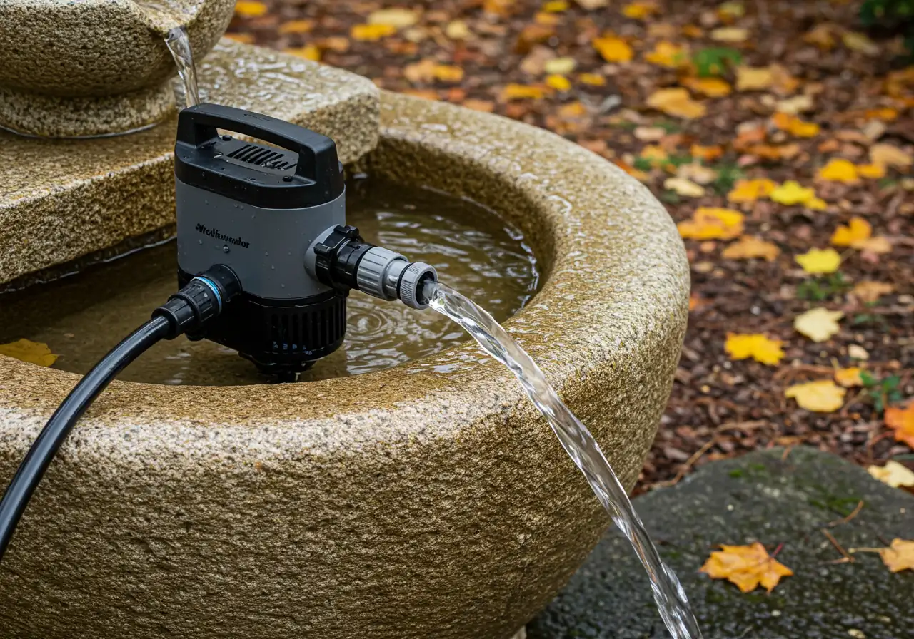 An overhead or eye-level view focusing on the process of draining a multi-tiered stone fountain. Show water actively being removed, perhaps via a small submersible pump placed in the lowest basin with its hose leading out of frame, or the nozzle of a wet/dry vacuum sucking water. The water level should be visibly lowered. No people shown.