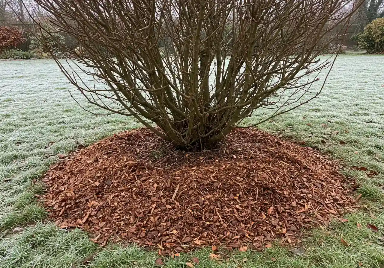 A clear, eye-level photograph demonstrating proper winter mulching. It shows the base of a shrub (e.g., hydrangea or rose bush) with a thick (3-4 inches) layer of shredded leaf or wood chip mulch applied correctly over the root zone, ensuring the mulch is pulled back about 2 inches from the actual stems to prevent rot.
