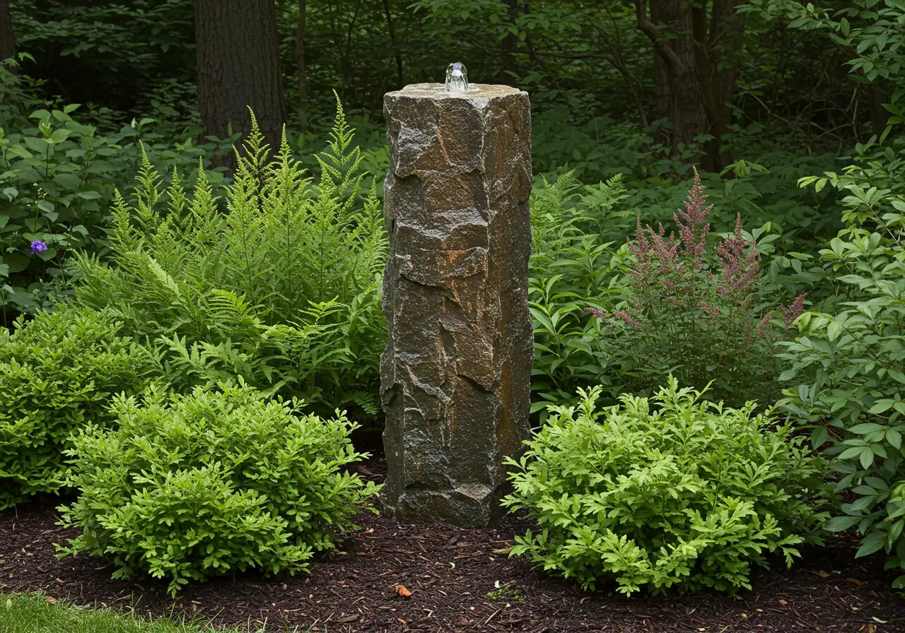 An image illustrating thoughtful placement. Show a medium-sized bubbling rock fountain or a small pond tucked into a suitable garden spot – perhaps partially shaded, away from large messy trees, and clearly visible from a hypothetical patio viewpoint (viewpoint implied, no patio furniture or people shown). This emphasizes choosing the *right* spot, avoiding issues like excessive algae from full sun or obscurity.