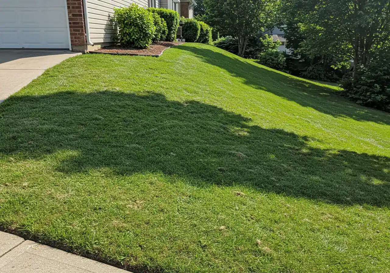 An image clearly demonstrating the concept of a 'positive slope'. It should show a well-maintained residential lawn area adjacent to a house foundation, where the ground visibly and gently slopes downward and away from the house structure. The area should look healthy and well-drained, contrasting with the soggy image.