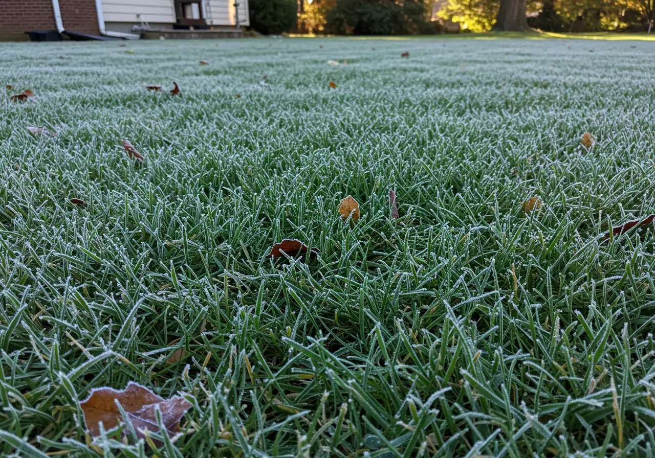 An image showcasing a healthy lawn after its final fall mow, cut to the recommended height (around 3 inches). The grass appears neat but not scalped, possibly with a light scattering of frost or dew, conveying readiness for winter dormancy under cool autumn lighting.