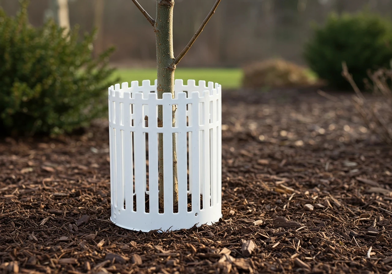 A clear, eye-level shot of a white or light-colored plastic tree guard properly installed around the base of a young, slender tree trunk. The guard should extend slightly into the soil/mulch layer at the bottom. The background shows a dormant garden bed or lawn in late fall.