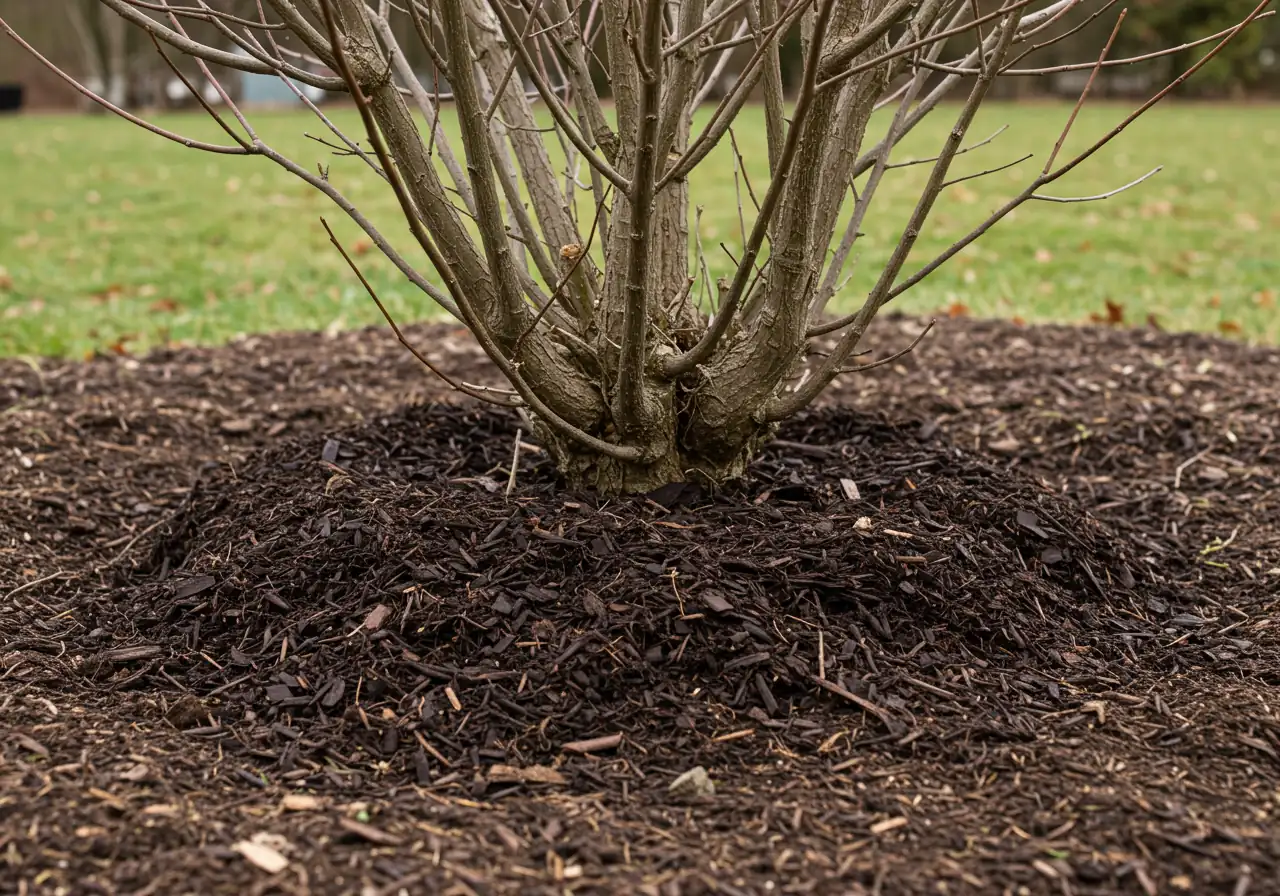 An image demonstrating the correct application of winter mulch. Show a layer of dark brown shredded bark mulch spread evenly around the base of a dormant shrub or small tree, clearly showing a gap between the mulch and the plant's main stem to prevent rot (no 'mulch volcano').