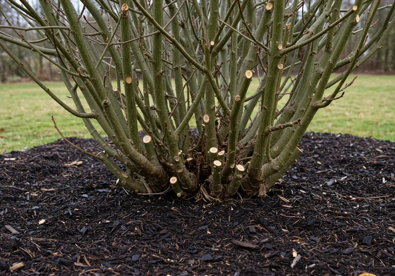 A clear view of the base of a multi-stemmed shrub immediately after receiving a hard renovation prune. Show several clean-cut stubs, approximately 4-6 inches tall, emerging from the ground or mulch layer. The surrounding ground area should be tidy, illustrating the stark 'after' effect described in the 'Hard Pruning' method.
