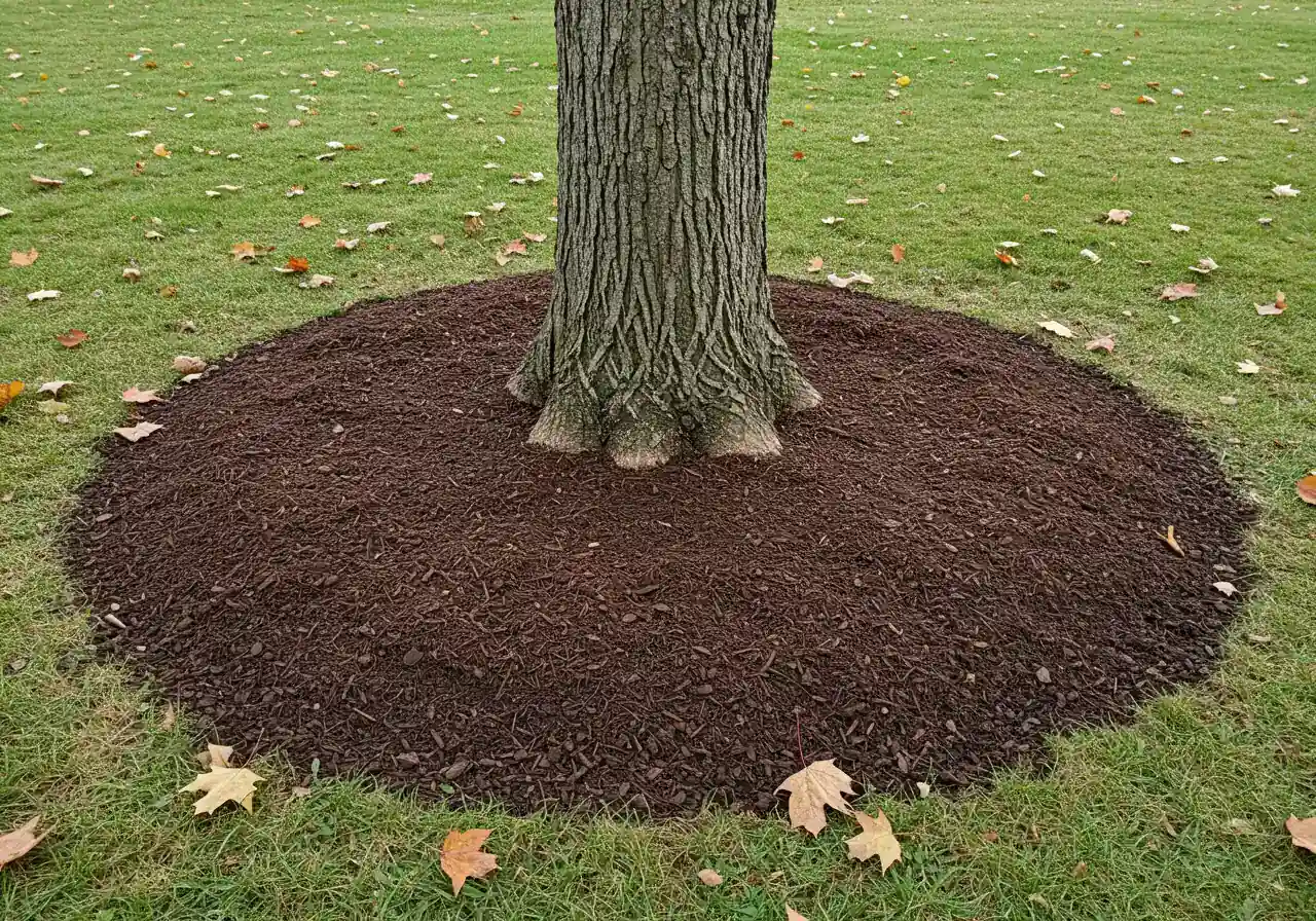 An image demonstrating correct mulching technique around the base of a tree. It should clearly show a 'doughnut' ring of dark organic mulch (like shredded bark), 2-4 inches deep, with a visible gap between the mulch and the tree's trunk flare. Fallen autumn leaves could be lightly scattered on the surrounding grass.
