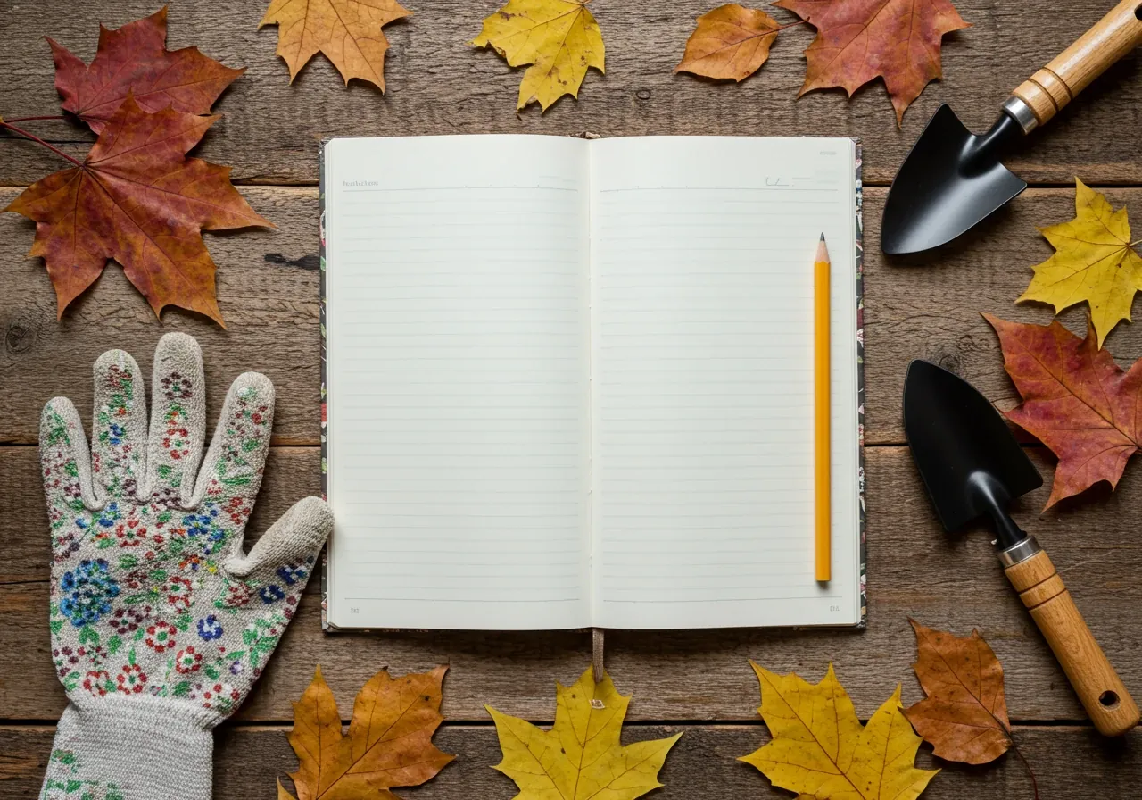 A visually appealing flat lay composition on a rustic wooden surface. It features an open, blank notebook (no lines or text visible, just blank pages), a simple pencil, a pair of slightly dirt-dusted gardening gloves, a small trowel, and a few scattered colourful autumn leaves or dried seed heads. This represents the tools and context for garden logging without showing any writing or people.