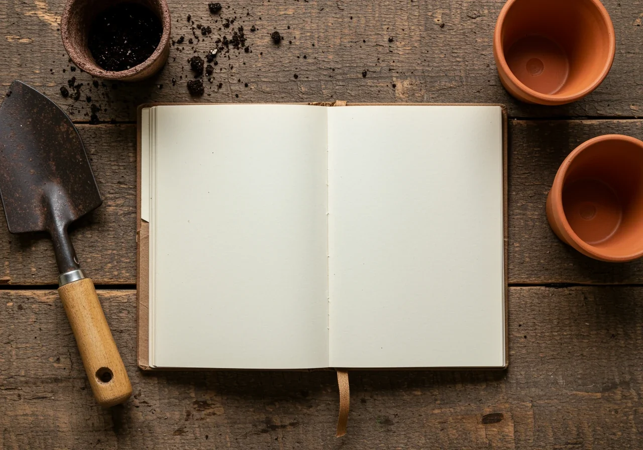 A visually appealing flat lay composition featuring garden logging tools. An open, slightly weathered garden notebook (with blank or sketched pages, no legible writing), a graphite pencil, a few rustic seed packets (no branding visible), and a small, clean trowel resting on a natural wood surface or garden bench. Soft, natural lighting.