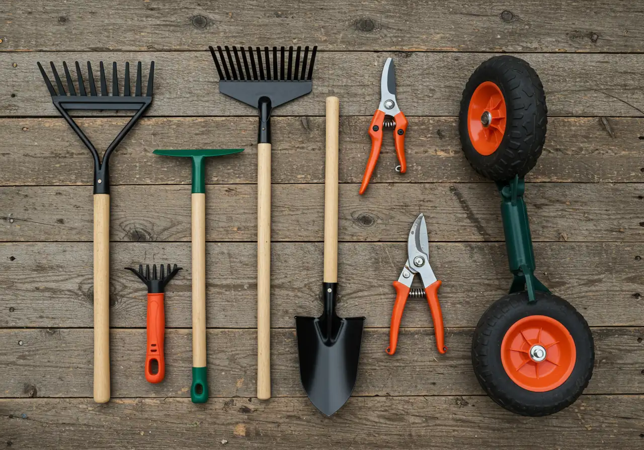 A visually appealing flat lay composition of several key ergonomic garden tools arranged neatly on a clean, weathered wooden surface. Include an ergonomic rake head, an ergonomic shovel handle (D-grip visible), ergonomic hand pruners, and perhaps the wheel section of a two-wheeled wheelbarrow. Focus on the tool design features.