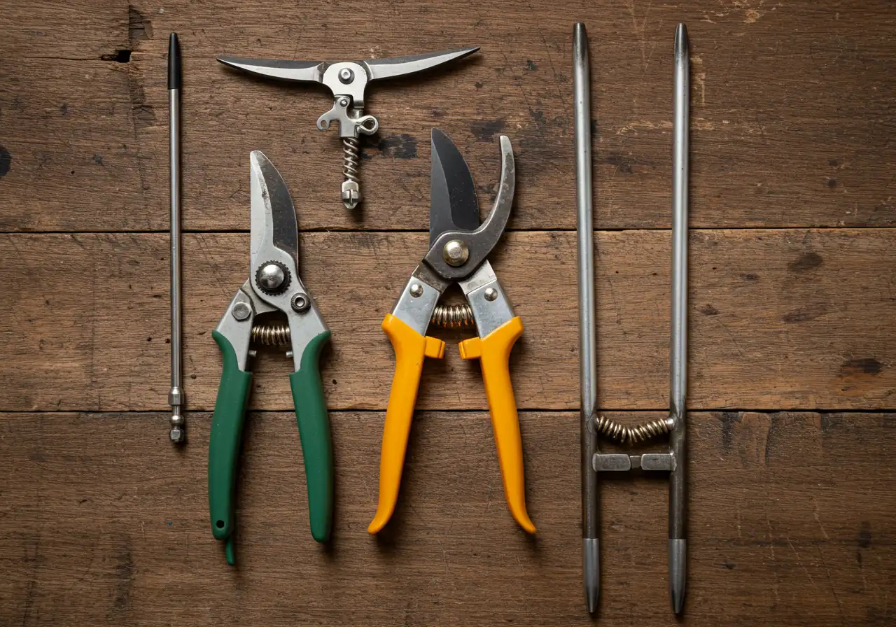 A flat lay composition of essential topiary tools: clean, sharp hand pruners (secateurs), long-bladed topiary shears, and sturdy hedge shears. The tools should be arranged neatly on a weathered wooden surface or against a simple, neutral background.