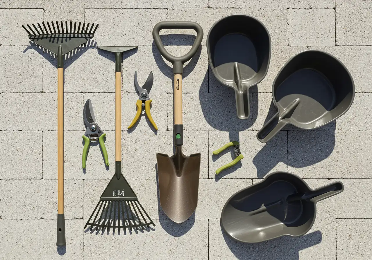 An arranged display showcasing a variety of ergonomic garden tools discussed in the section. Include an ergonomic rake with a long, lightweight handle, a shovel or spade with a D-grip handle and step plate, ergonomic hand pruners, and possibly leaf scoops, laid out neatly on a clean surface like patio stones or grass.