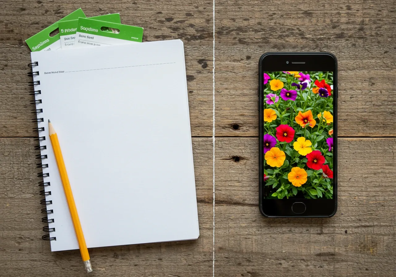 An overhead flat lay composition on a rustic wooden surface. It features classic and modern garden record-keeping tools side-by-side: a slightly weathered, open notebook with blank pages and a pencil, contrasted with a clean smartphone displaying a generic, colourful garden photograph (no app interface or text visible). A few seed packets or clean plant tags could be aesthetically placed nearby.