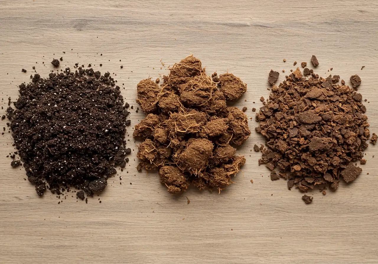 A top-down, flat-lay style photograph showcasing three distinct piles of essential organic soil amendments neatly arranged on a neutral, slightly rustic background (like weathered wood or burlap). The piles should clearly show: 1) dark, crumbly finished compost, 2) slightly coarser, dark brown aged manure, and 3) flaky, lighter brown leaf mold.