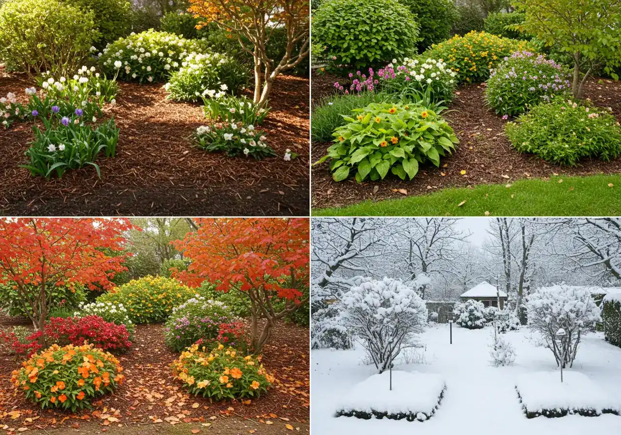 Four-panel image showing a garden in the four seasons. Spring panel: Flower bed with fresh, light brown mulch and small, newly sprouted green plants. Summer panel: Same flower bed, plants are larger and in full bloom, mulch is slightly darker. Fall panel: Flower bed, plants have autumnal colors (reds, yellows, oranges), mulch is a darker, richer brown, a few fallen leaves rest on top. Winter panel: The garden bed is covered in a layer of snow, but the outline of the mulched area is slightly visible beneath, hinting at the protection underneath. All panels show the same perspective.