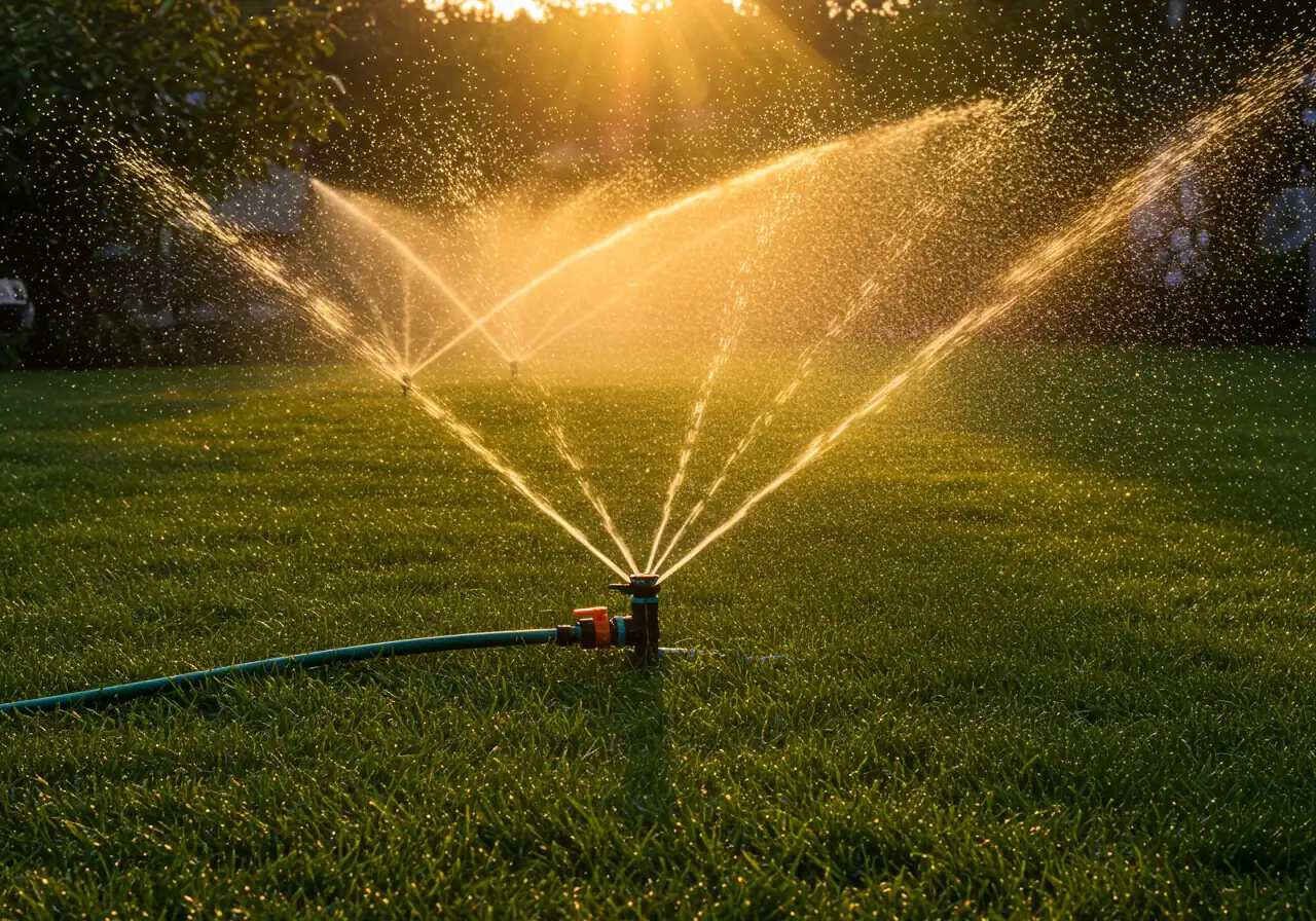 A serene image of a lawn sprinkler system operating correctly during the early morning hours. The sun is low on the horizon, casting long shadows and a warm golden light. Water arcs gracefully from multiple sprinkler heads, covering the lush green lawn evenly with fine droplets visible in the air. No puddles are visible, suggesting good absorption.