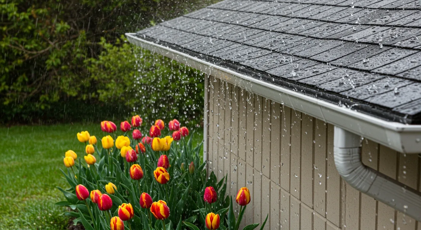 A picturesque scene of gentle spring rain falling onto a residential roof with clean eavestroughs channeling the water towards a downspout. Below, a lush green garden bed with emerging spring flowers is visible, conveying the idea of beneficial rain in a garden setting.