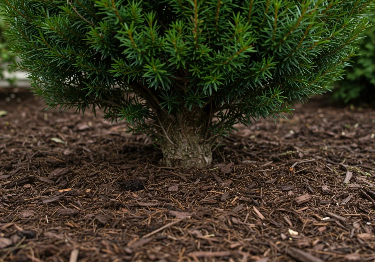 A ground-level view focusing on the base of a cone-shaped evergreen topiary. The image clearly shows a freshly applied, even layer of dark brown shredded bark mulch around the base, keeping clear of the trunk, demonstrating proper mulching technique for moisture retention and weed suppression.