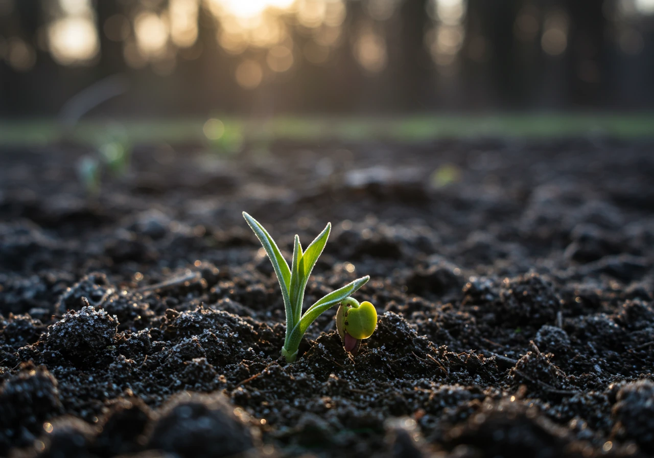 A ground-level close-up showing a small perennial plant, like a hosta or sedum emerging in spring, slightly pushed upwards from dark, damp soil. Remnants of melting frost or tiny ice crystals are visible on the soil surface around the plant's base, clearly illustrating the damaging effect of the freeze-thaw cycle.