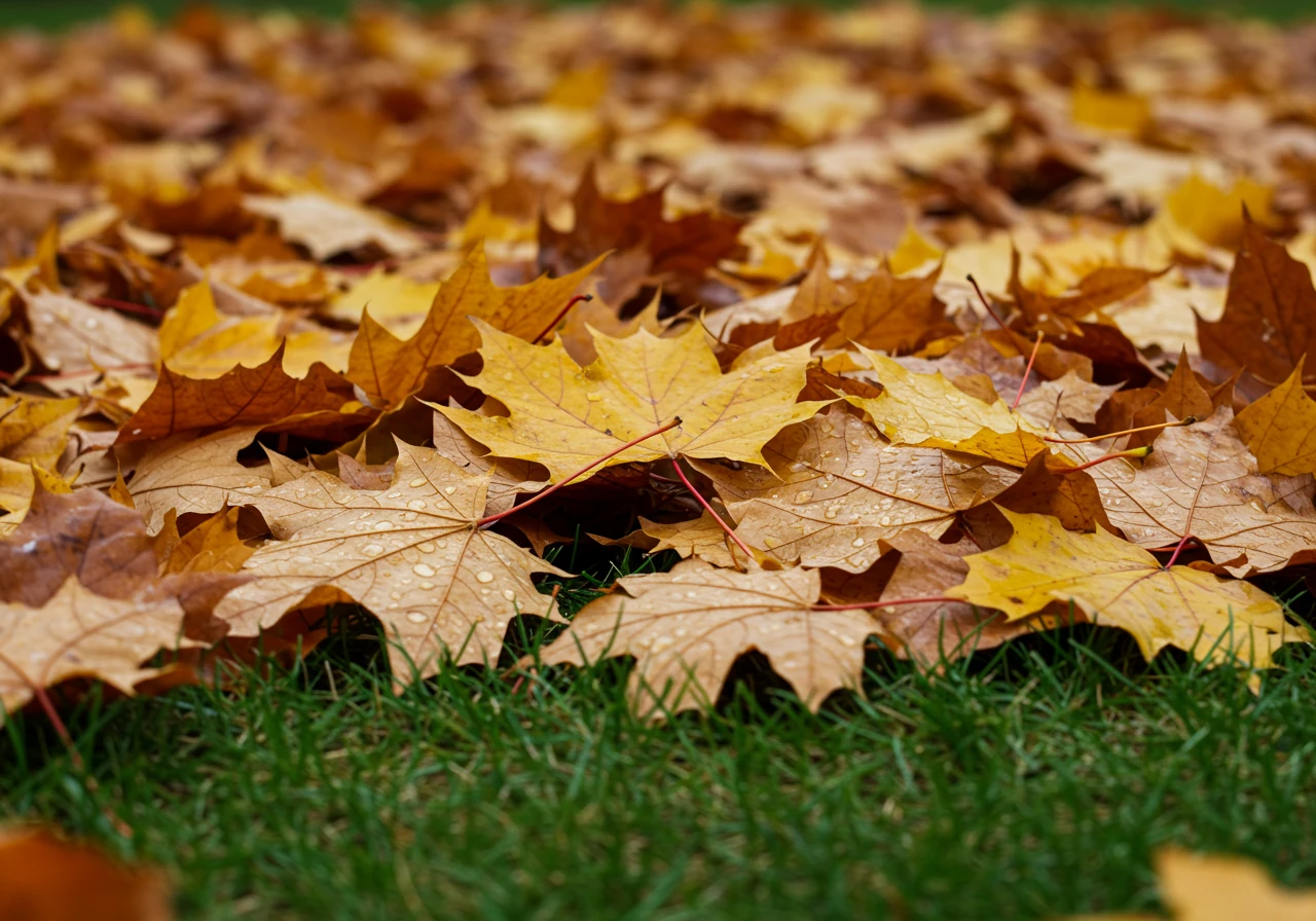 A ground-level close-up view illustrating the challenge of heavy, wet autumn leaves. Focus on a dense pile of colorful, damp maple and oak leaves clumped together on a lawn, appearing heavy and difficult to manage.